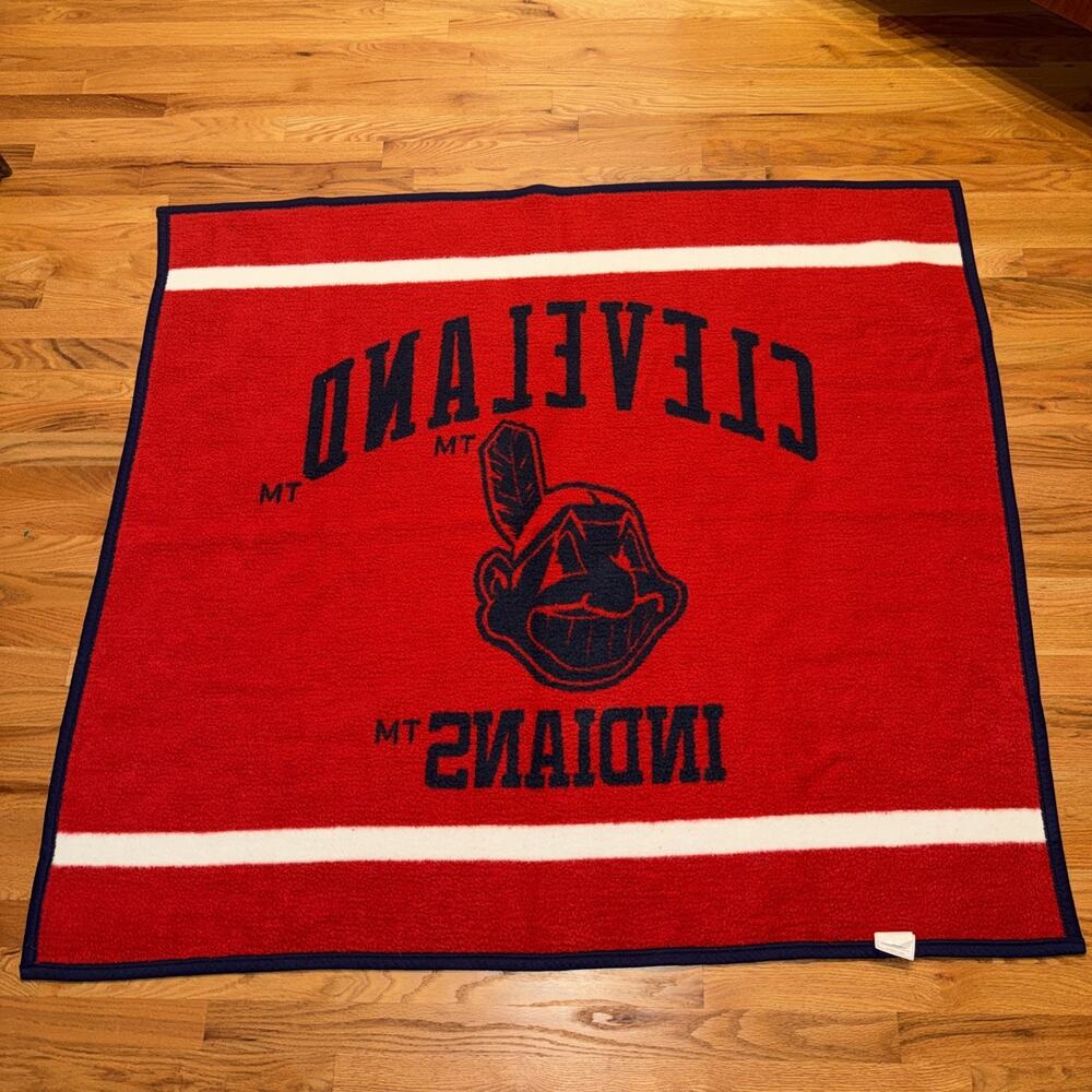 Biederlack Cleveland Indians Chief Wahoo Blanket 52” X 48” Blue Red VTG - Picture 5 of 5